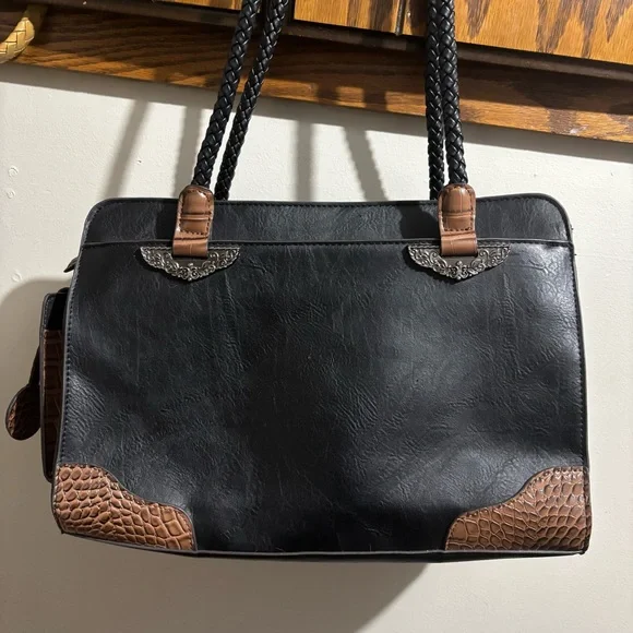 Mixed Media Black Brown Faux Leather Tote Shoulder Purse Document Bag Embossed - Picture 5 of 14